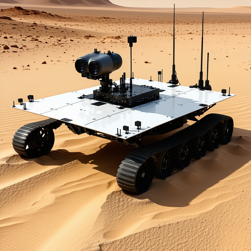 A Large, White, And Black Robotic Vehicle With A Gun Mounted On Top Of It