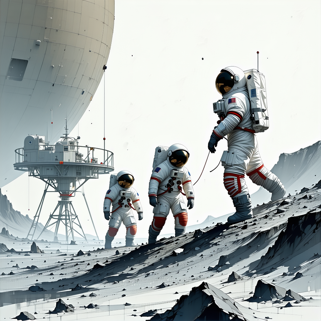 In The Image, There Are Three Astronauts Walking On A Rocky Surface, Possibly On The Moon