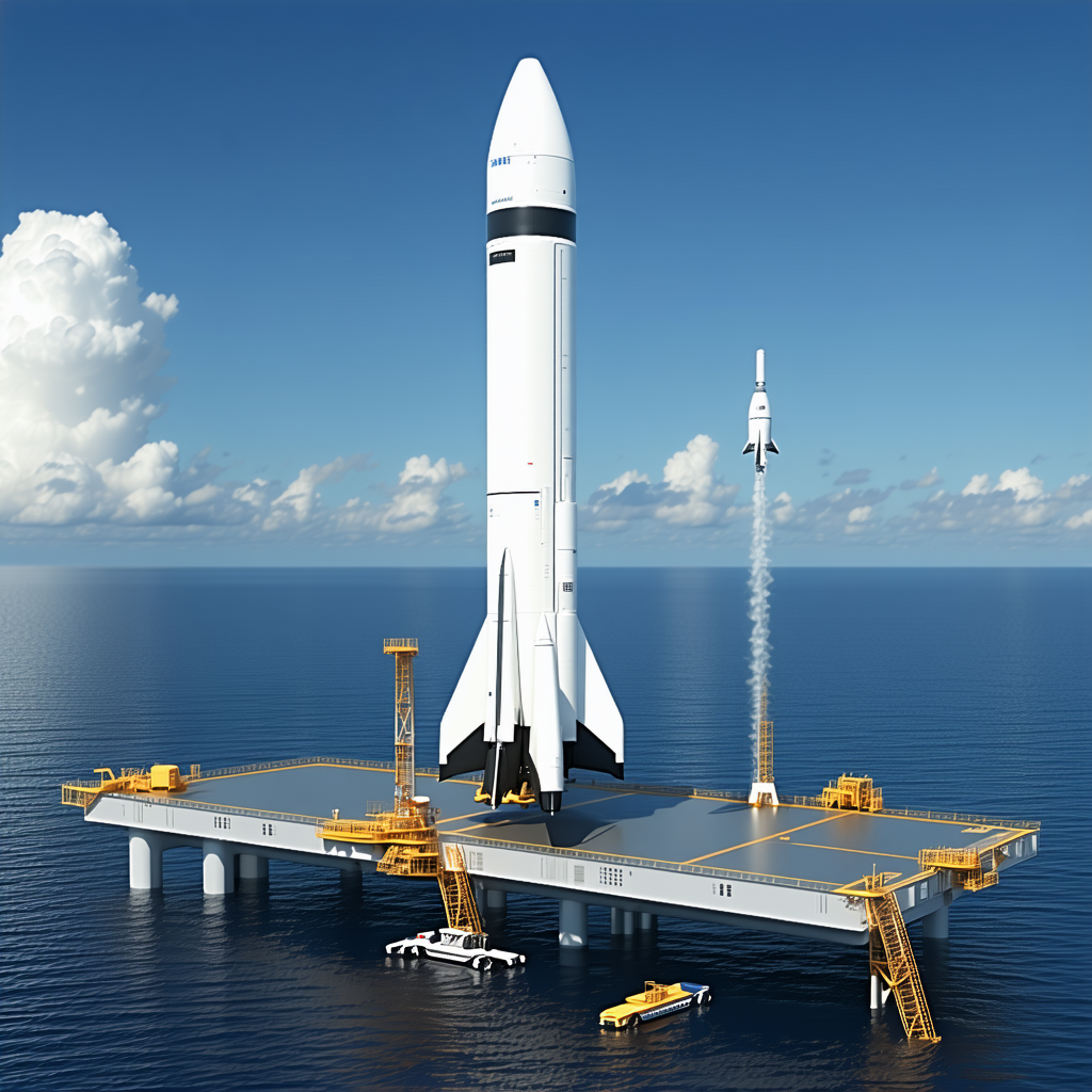 A Large White Rocket Ship Floating On Top Of A Platform In The Ocean