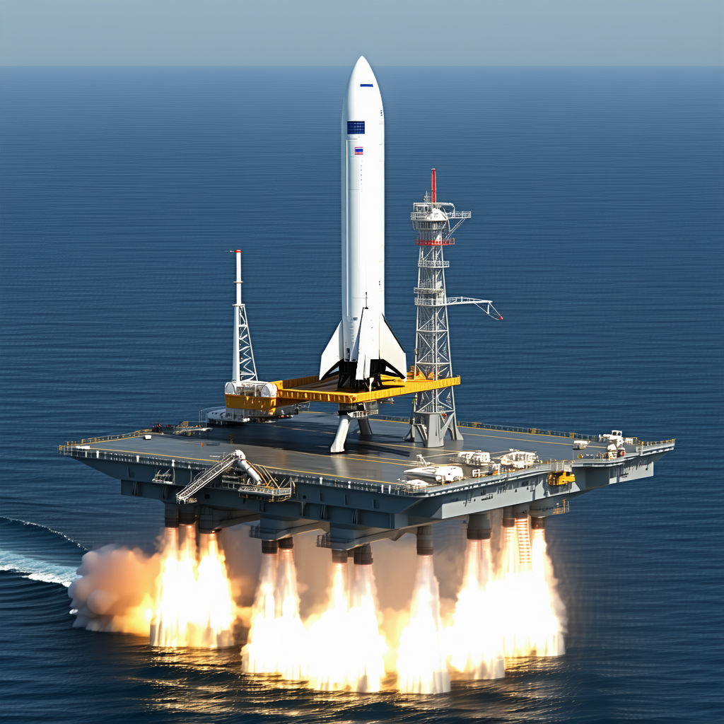 A Large Rocket Ship Floating On Top Of A Platform In The Ocean