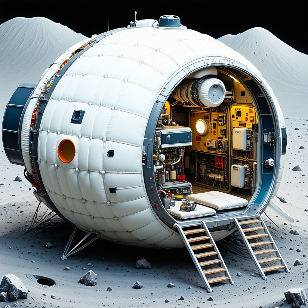A White, Round Spacecraft With A Hatch Door Open, Revealing A Cozy Interior