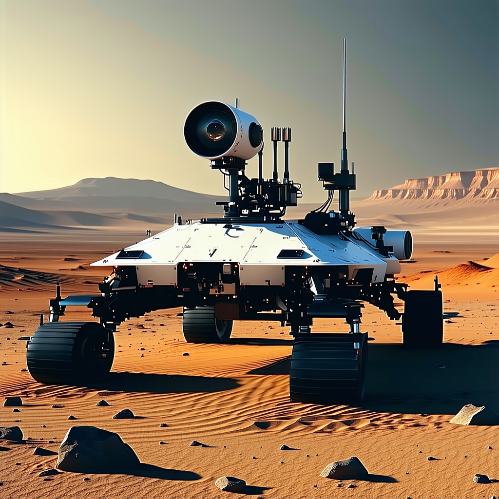 A Large Robotic Vehicle Is Sitting On A Rocky Surface, Possibly A Desert