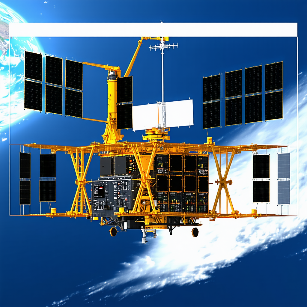 A Yellow Spacecraft Is Shown In A Blue Sky, With A Large Satellite Dish On The Front
