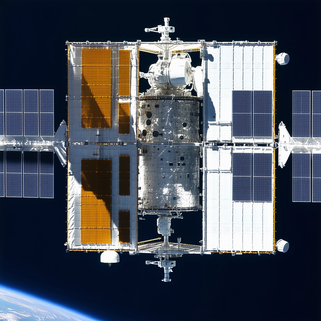 A Space Shuttle With A Large, White, And Blue Structure On Top Of It