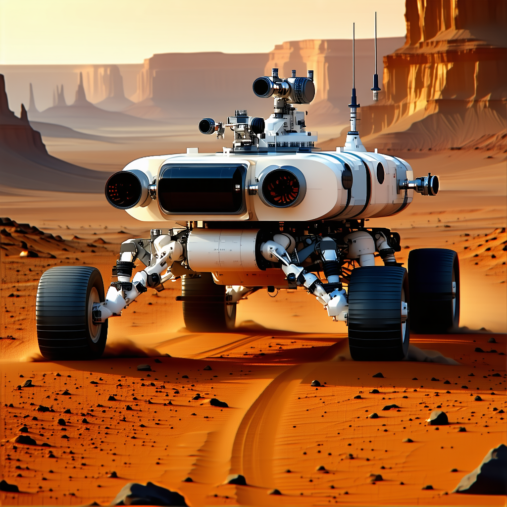 A Futuristic Vehicle Is Driving On A Dirt Road In A Desert-like Environment