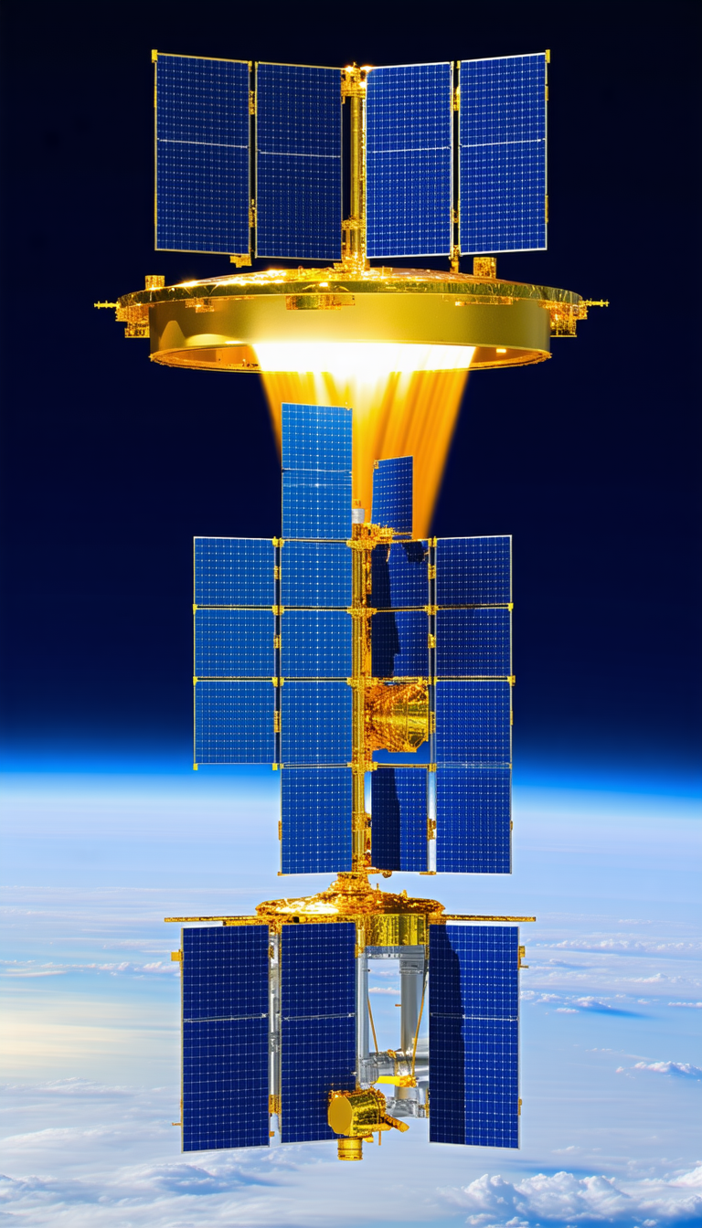 A Large, Shiny, Gold Satellite With A Blue Dome On Top