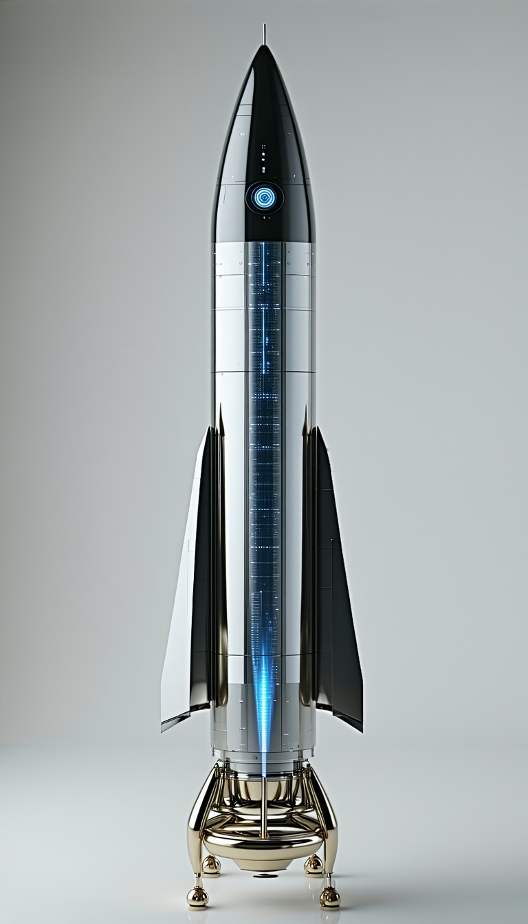 A Large Rocket Ship Is Displayed In A White Room
