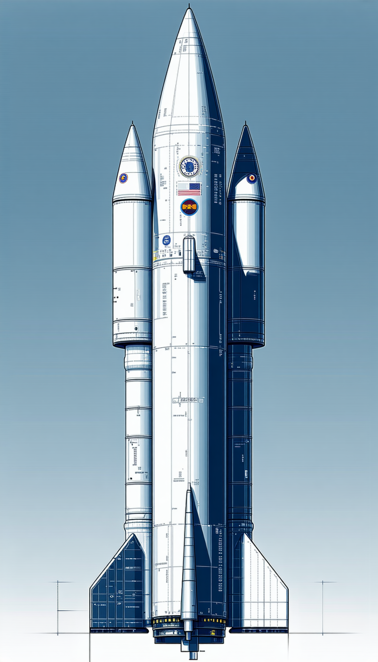 A Large Rocket Ship Is Shown In A Blue And White Color Scheme