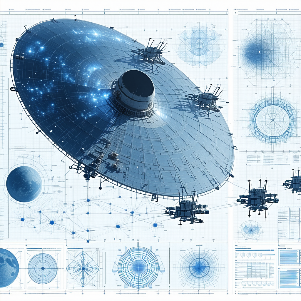 The Image Is A Blue And White Drawing Of A Spacecraft, Possibly A Satellite Or A Space Station