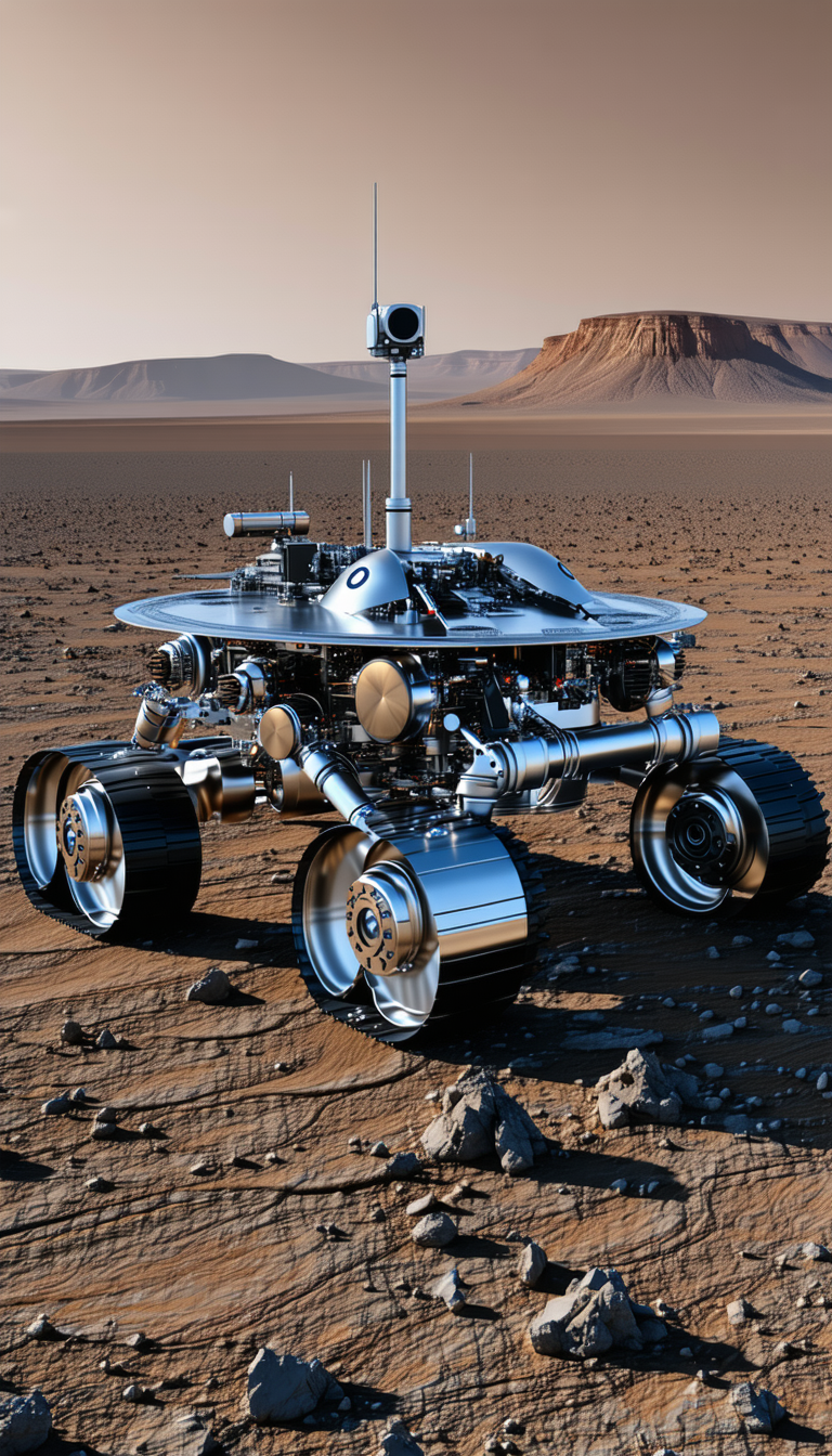 A Futuristic Robotic Vehicle, Possibly A Rover, Parked On A Rocky Terrain