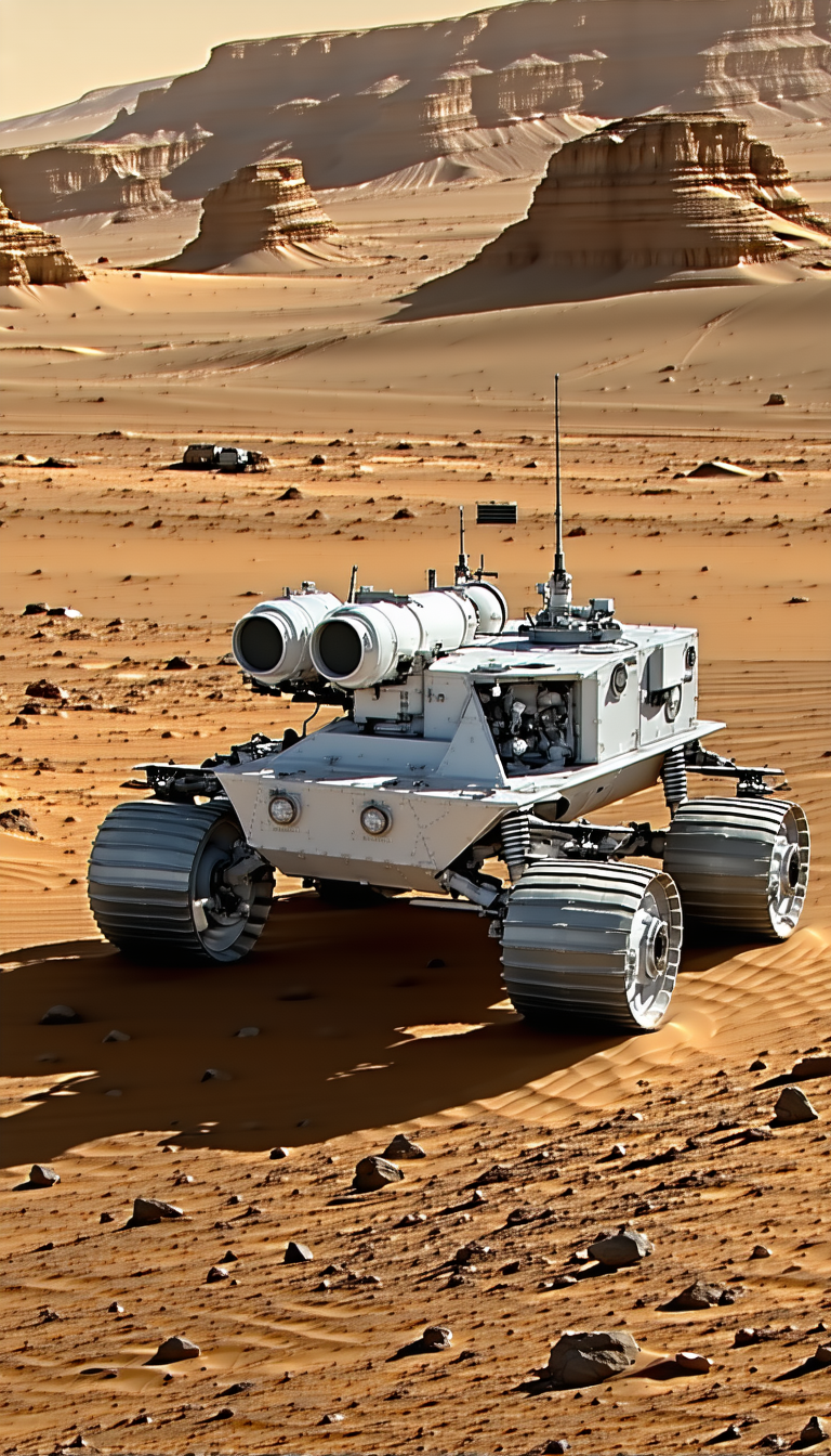 A White Robotic Vehicle With Two Large Wheels, Driving Across A Sandy Terrain
