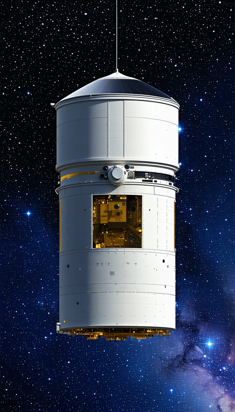 A Large White Satellite Is Sitting In The Sky, Surrounded By A Few Stars