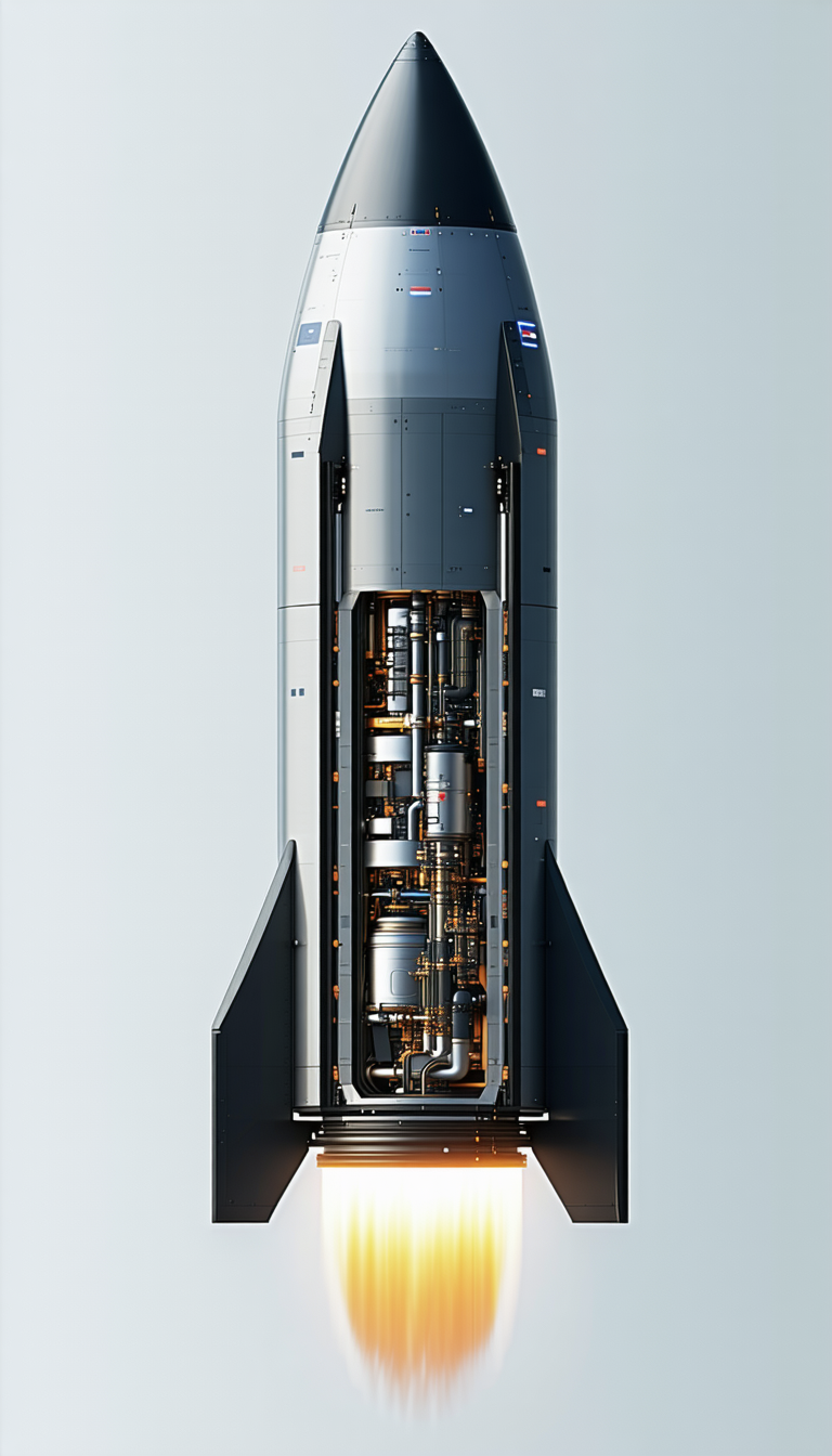 A Rocket Ship Is Shown In A 3d Model, With Its Engine And Fuel Tanks Visible