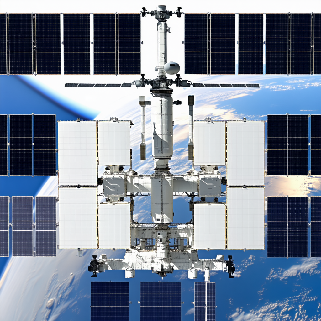 A Large Spacecraft With A Satellite Dish On Top, Floating In The Sky