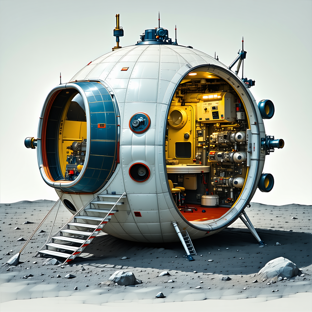 A Large, White, Round Spacecraft With A Staircase Leading To Its Entrance