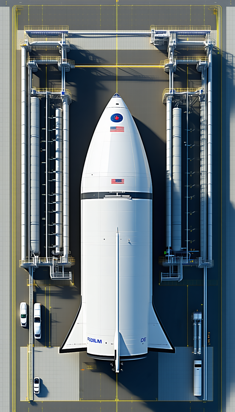 A White Space Shuttle Is Parked In A Large Hangar, Surrounded By Several Large Pipes