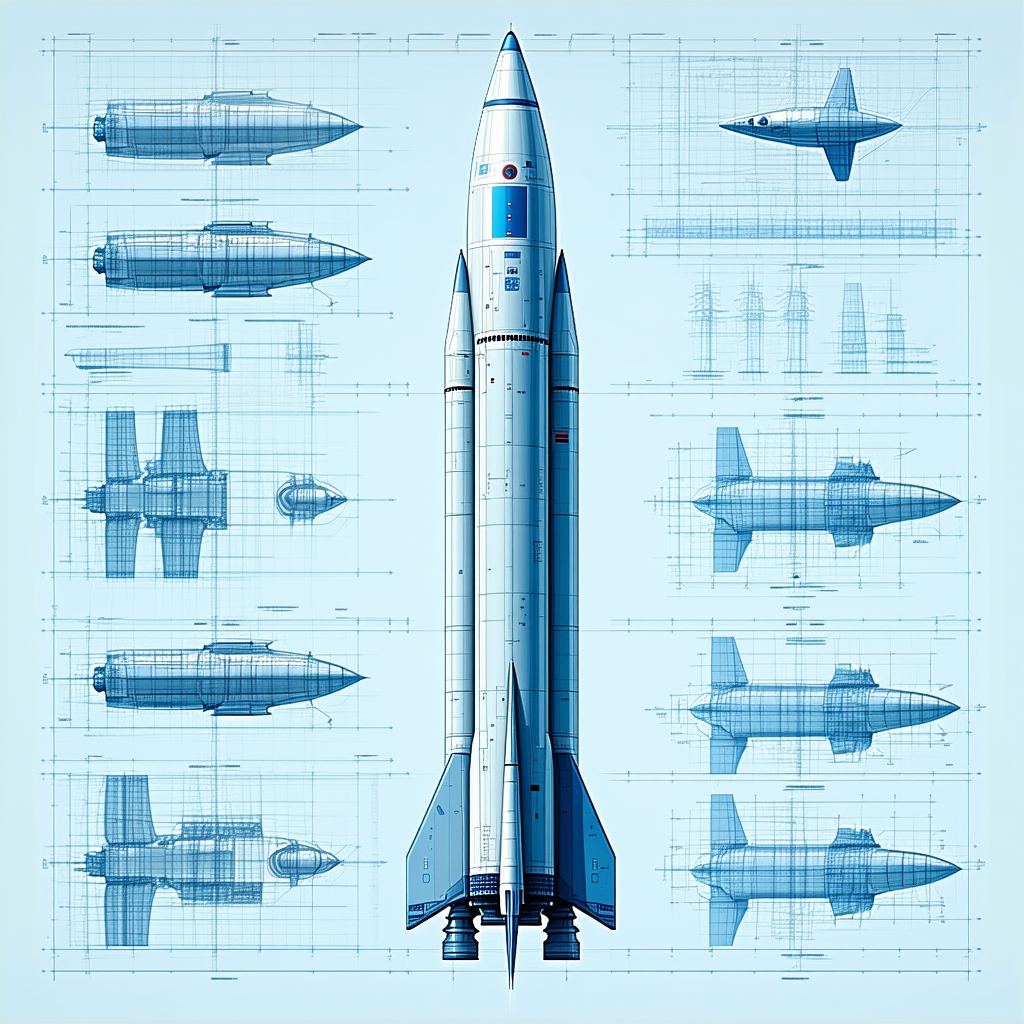 A Blue Rocket Ship Is Shown In A Series Of Blueprints, With Each Section Of The Rocket Being Labeled