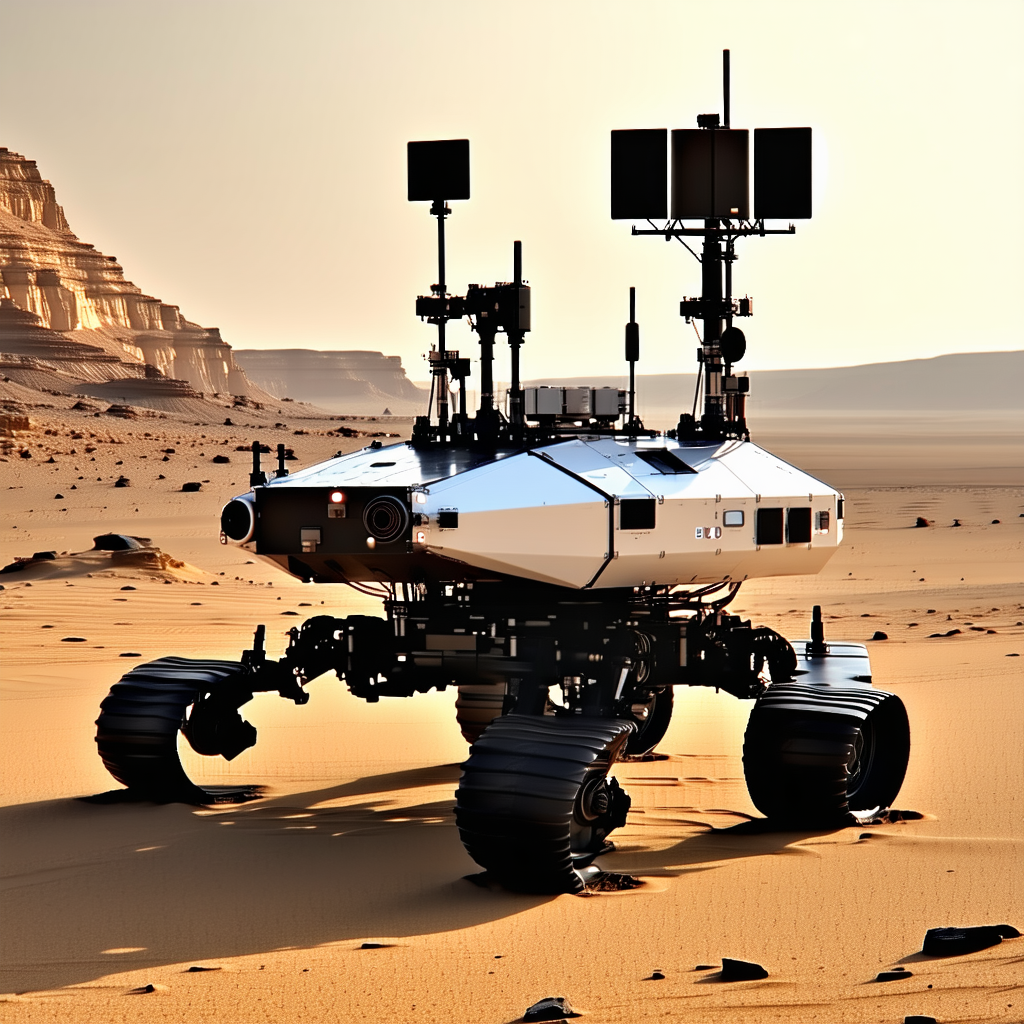 A Large Robotic Vehicle, Possibly A Rover, Sitting On A Sandy Surface