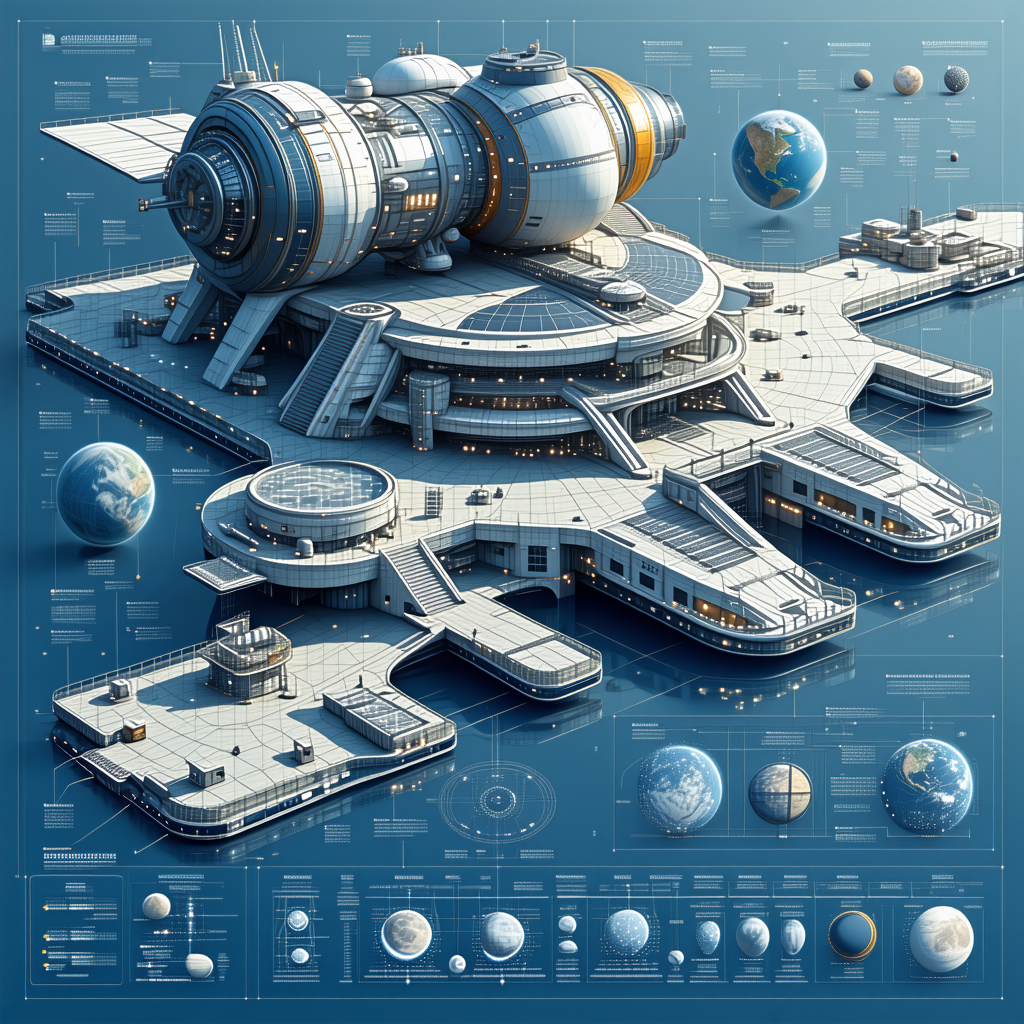 A Large Space Station Is Shown In A Blue And White Color Scheme