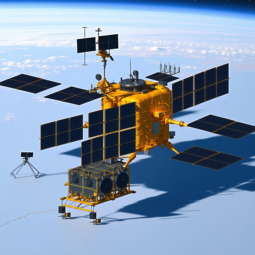 A Large Spacecraft With A Yellow And Black Color Scheme, Sitting On A Blue Surface