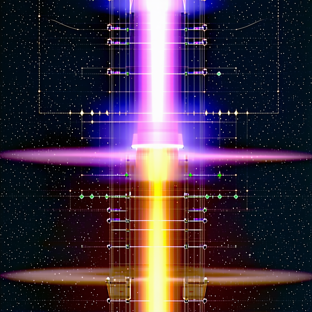 The Image Is A Futuristic Scene With A Large, Colorful, And Brightly Lit Tower In The Center