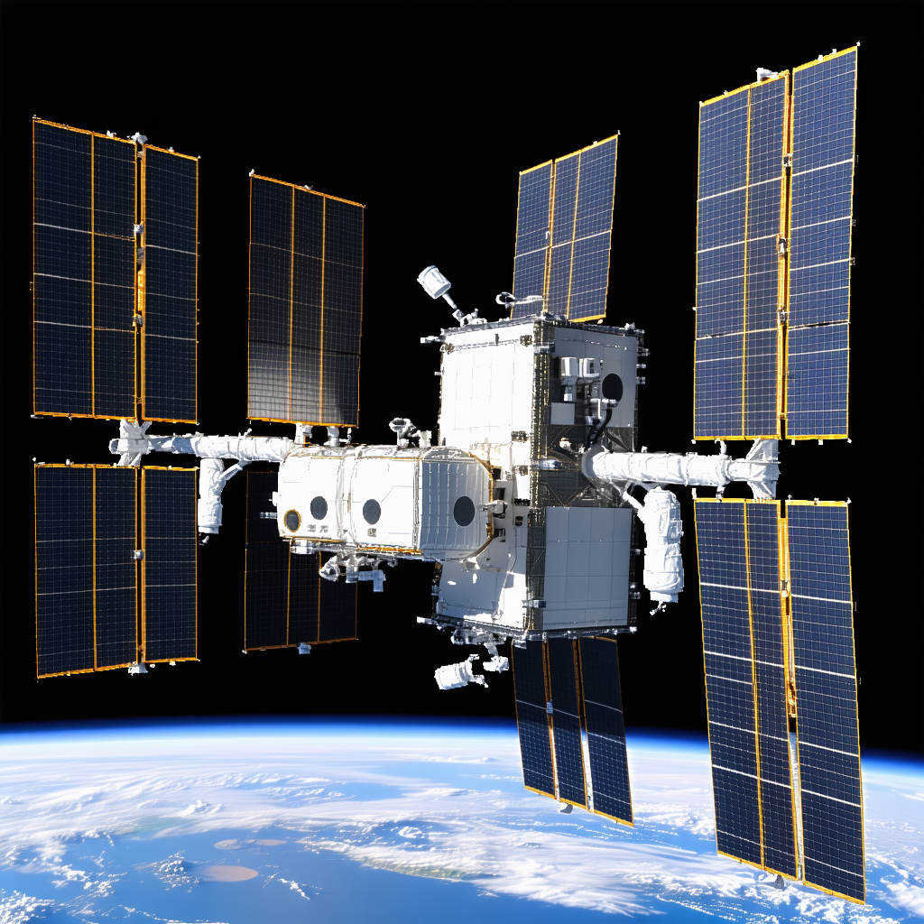 A Large Spacecraft With A White And Yellow Color Scheme, Floating In The Blackness Of Space