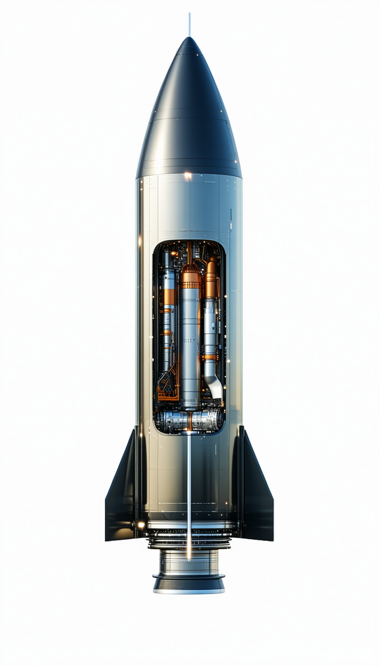 A Rocket Is Shown In A Side View, With Its Engine And Fuel Tanks Visible