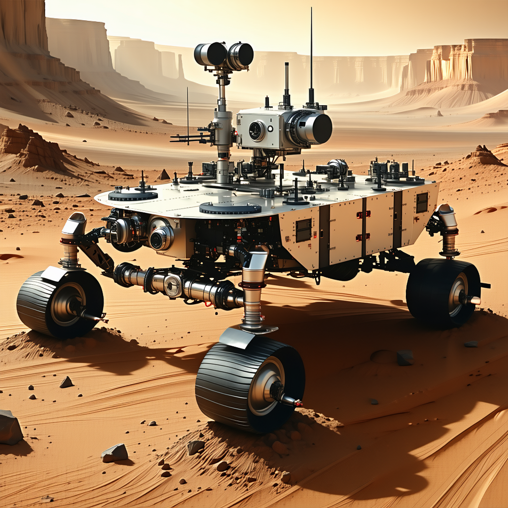 A Futuristic Vehicle, Possibly A Rover Or A Tank, Parked On A Sandy Surface