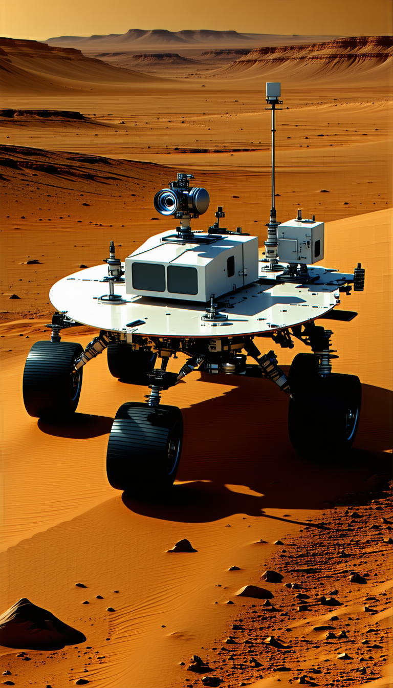 A White And Black Robotic Vehicle, Possibly A Rover, Sitting On A Red Dirt Surface