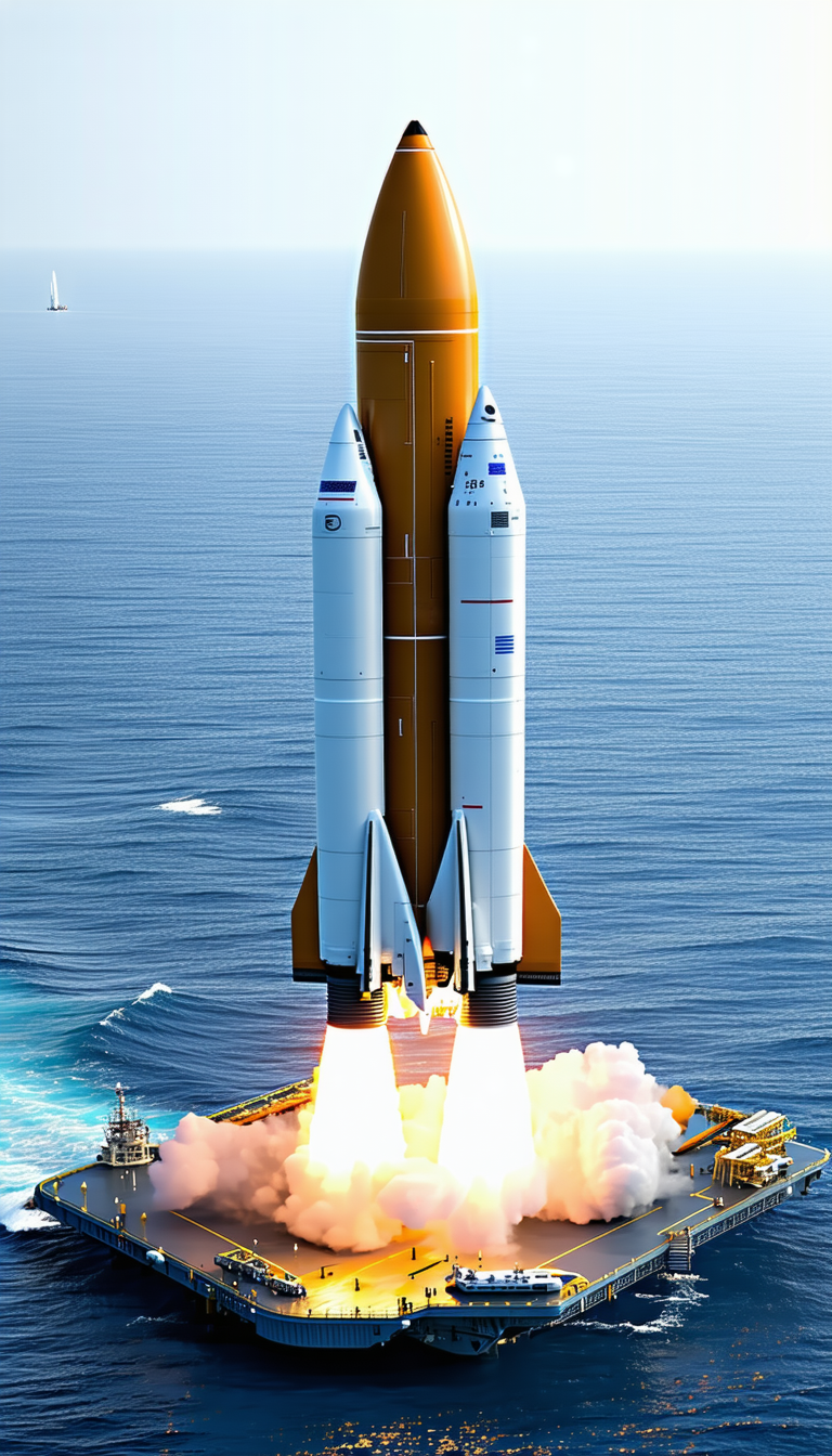 A Large Rocket Ship, Likely A Space Shuttle, Flying Over The Ocean