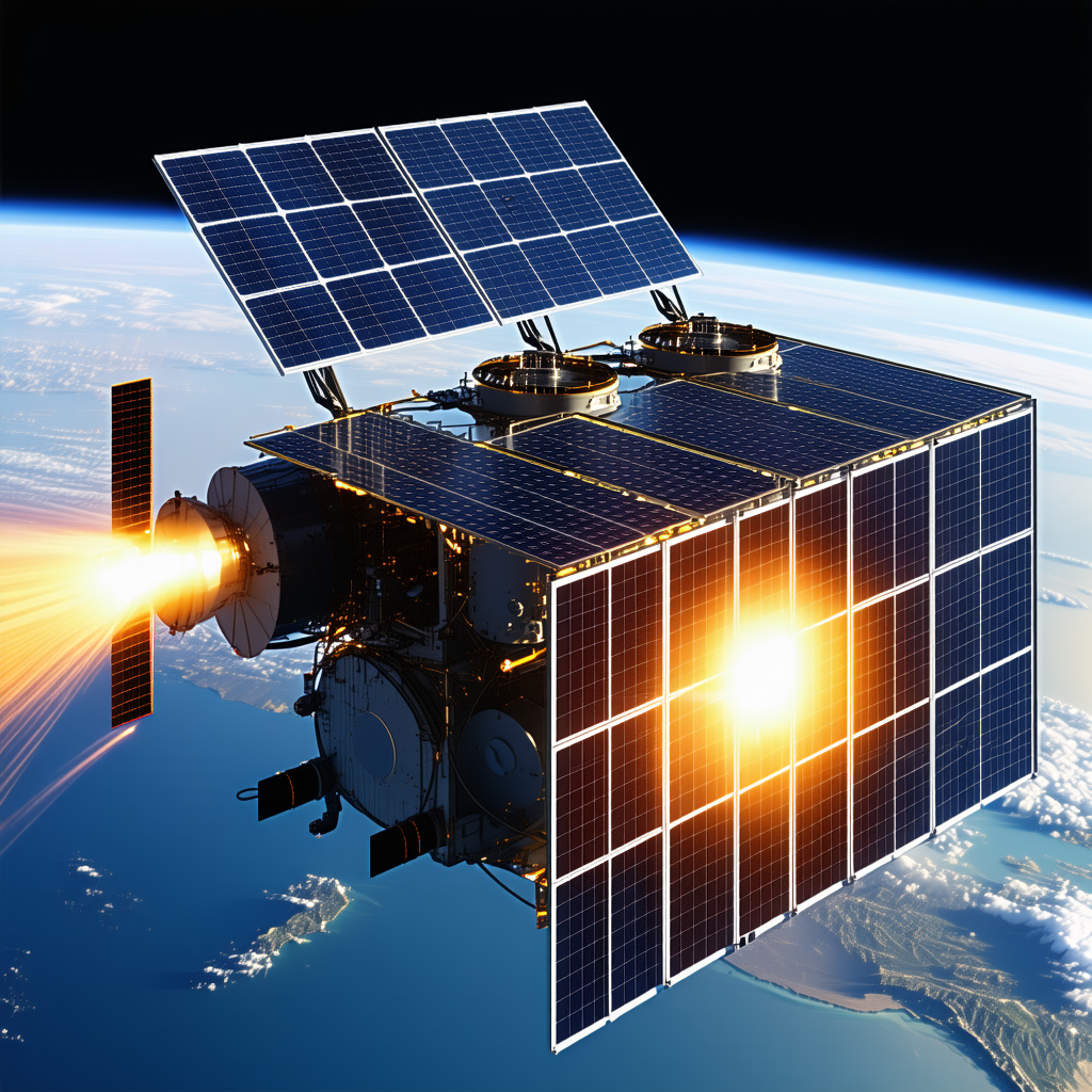 A Spacecraft With A Solar Panel On Its Side, Flying Through The Sky