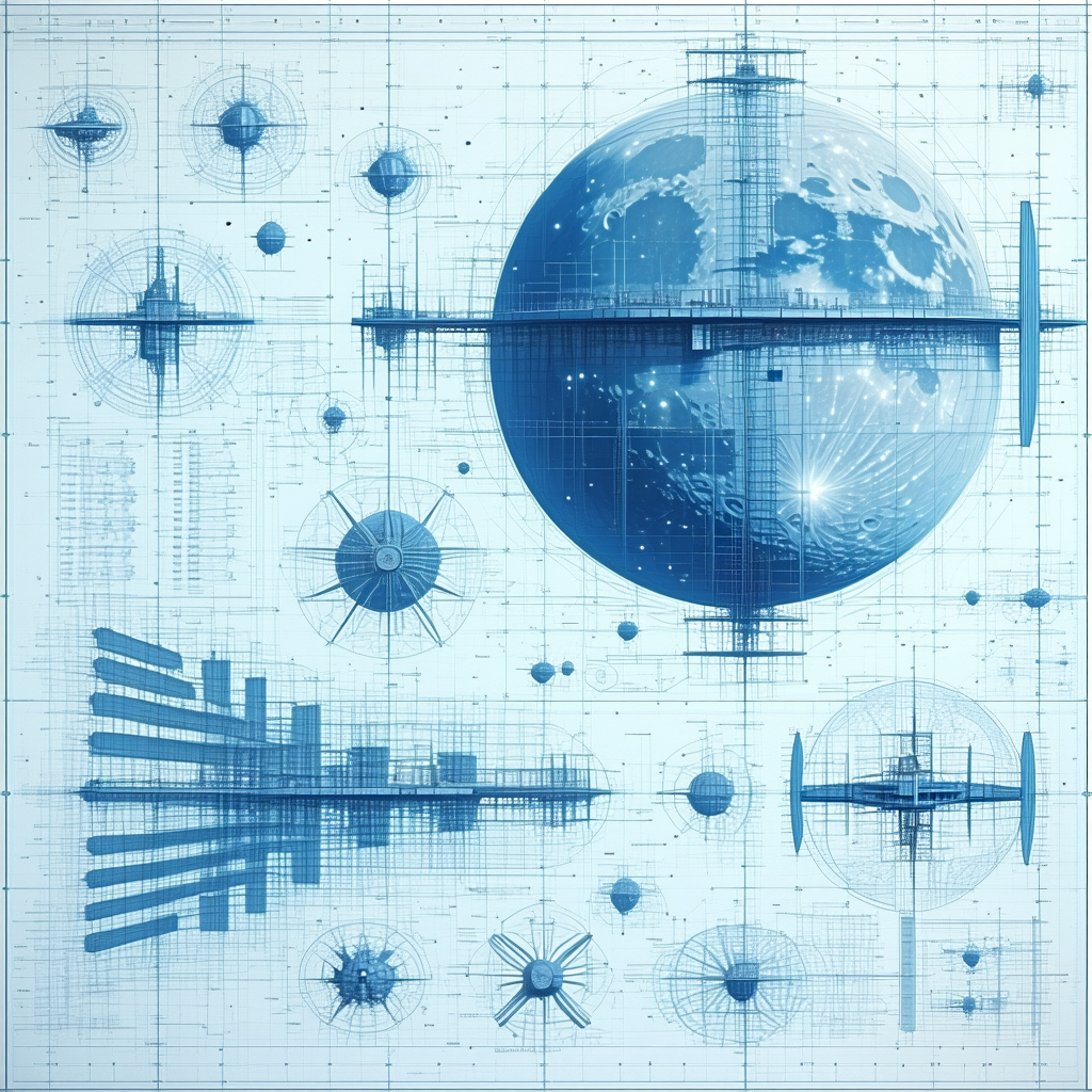 The Image Is A Blue And White Drawing Of A Space Station, With A Large Blue Globe In The Center