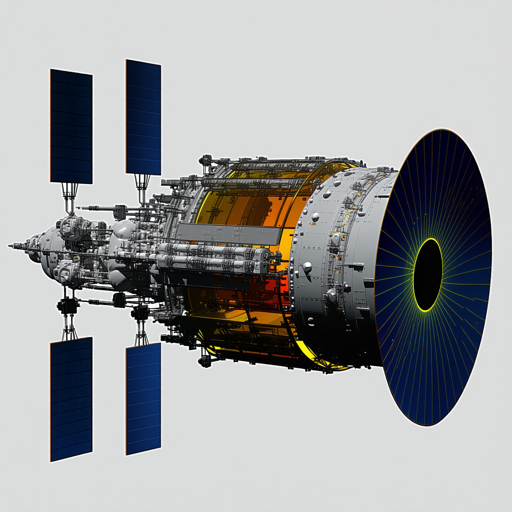 A Large Spacecraft Is Shown In A 3d Model, With A Large Blue Circle In The Center