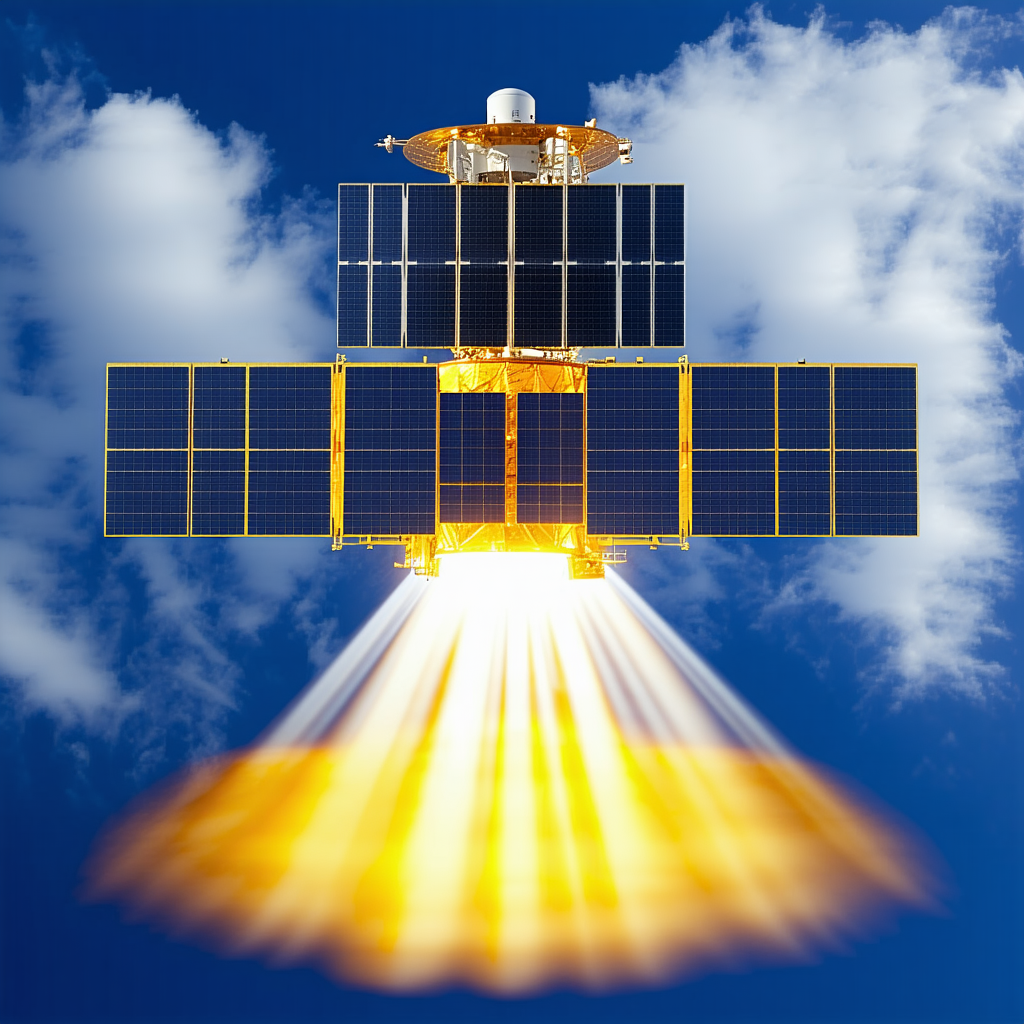 A Spacecraft With A Large Solar Panel On Its Side, Flying Through A Blue Sky