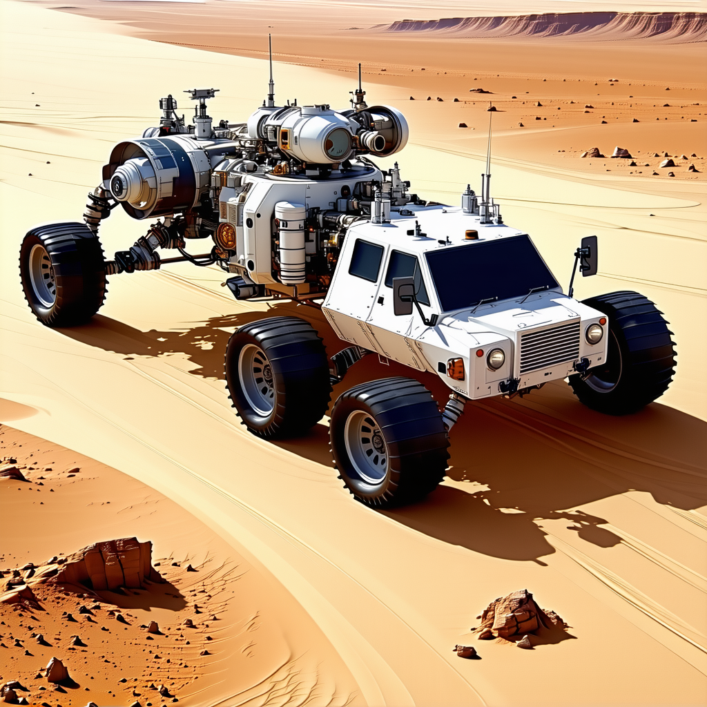A White And Black Vehicle Is Driving On A Sandy Surface