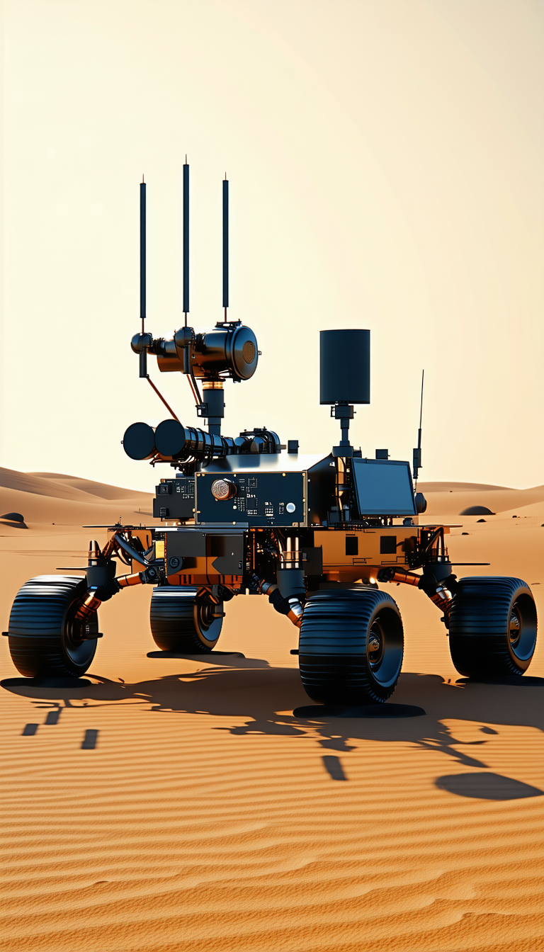 A Large Robotic Vehicle With A Distinctive Humanoid Shape, Standing On A Sandy Surface