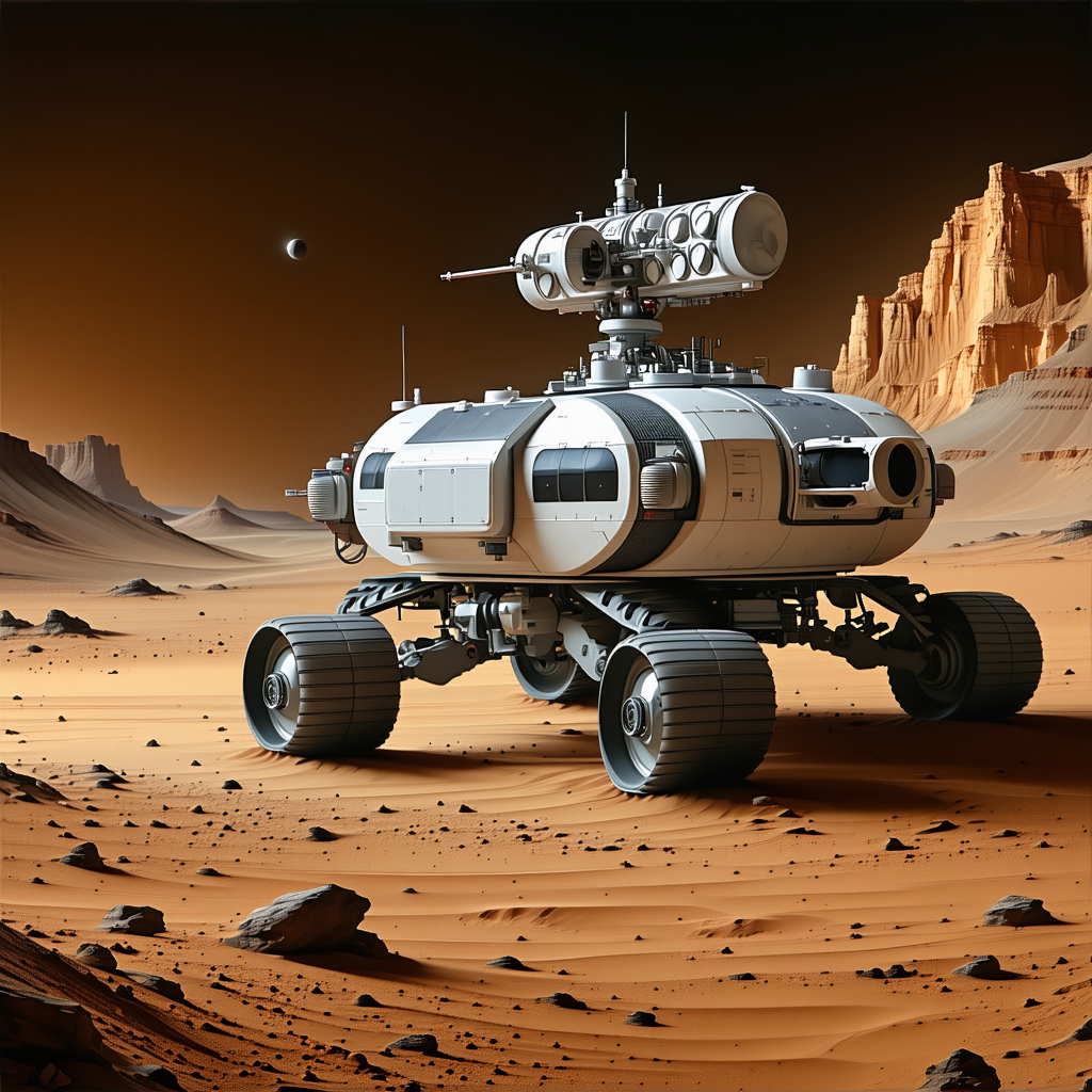 A Large White Spacecraft Is Parked On A Rocky Surface, With A Mountainous Background