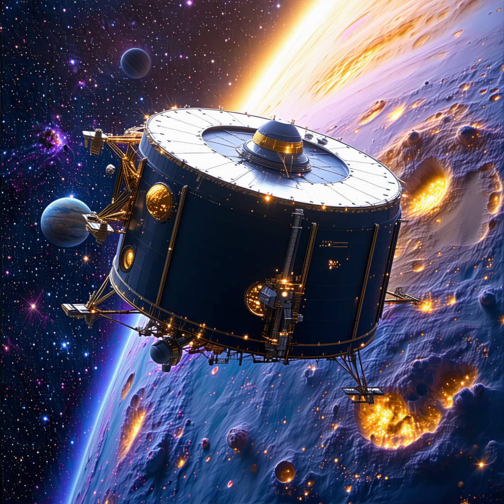 In The Image, There Is A Spacecraft With A Large Dome On Top, Flying Through The Sky