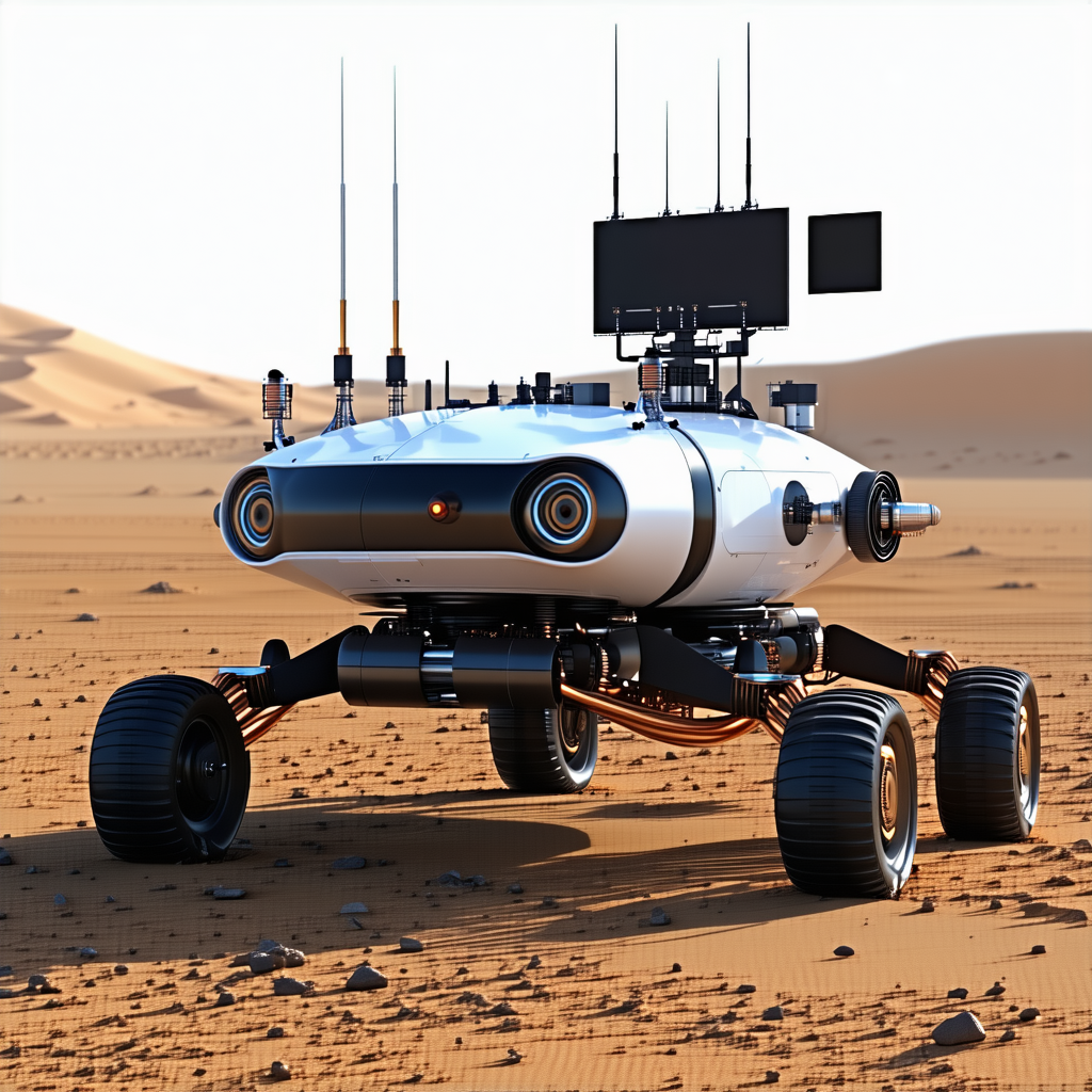 A Futuristic Robot Is Sitting In A Desert Landscape