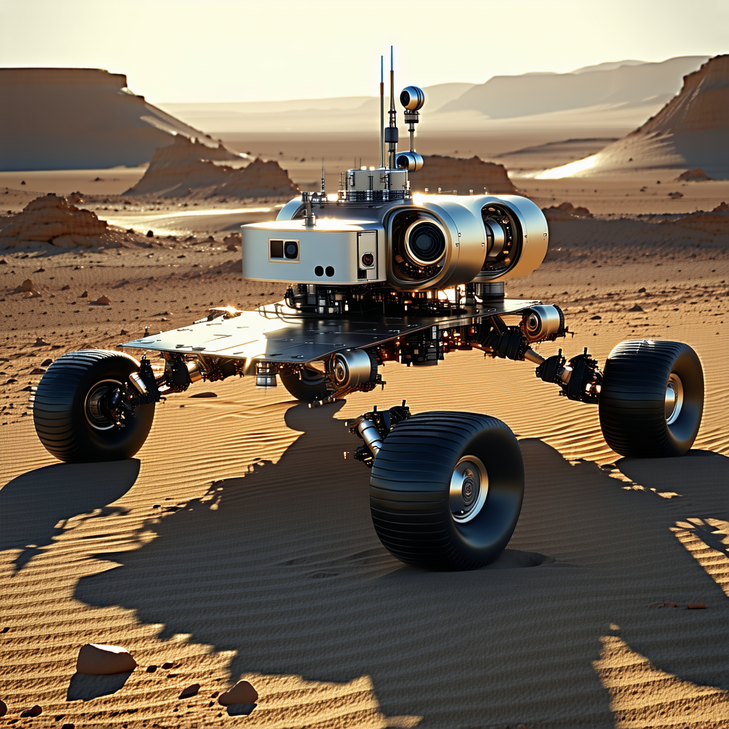 A Futuristic Vehicle, Possibly A Robot Or A Spacecraft, Parked In A Desert-like Environment