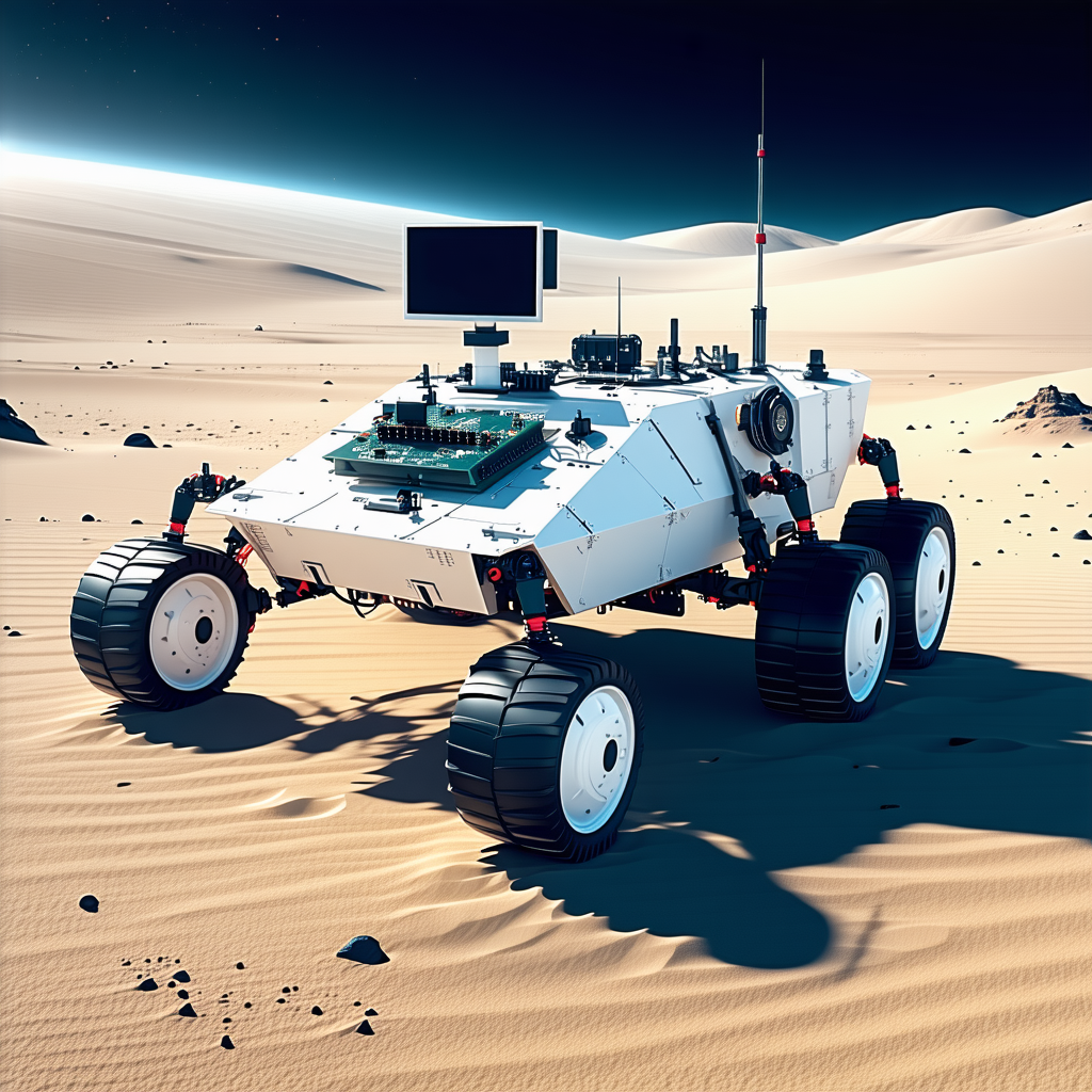 A White Robot Is Sitting On A Sandy Surface, With A Large Screen In Front Of It