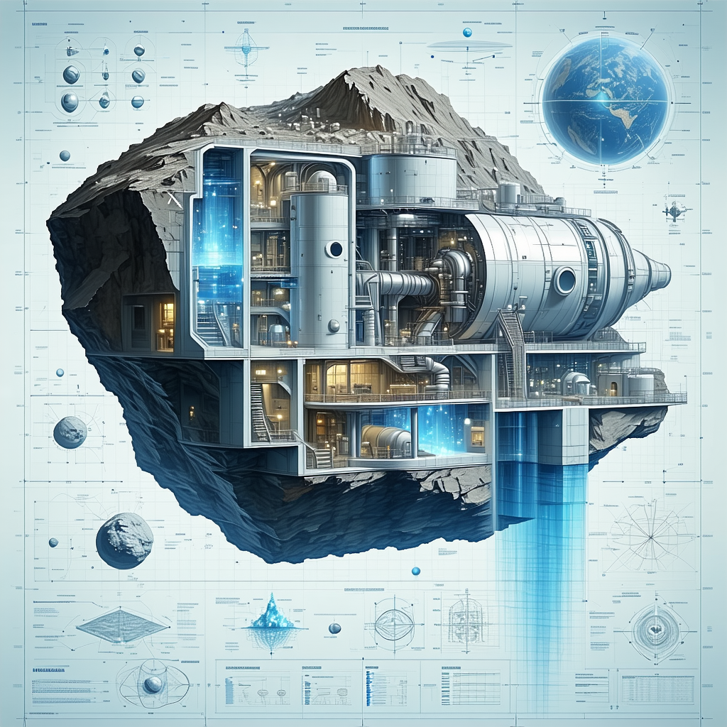 A Large, Futuristic Building Is Depicted In A Blue And White Drawing