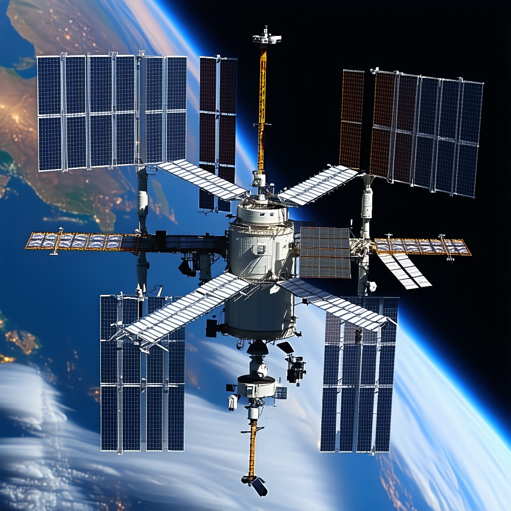 A Space Station With A Large, White, And Blue Structure