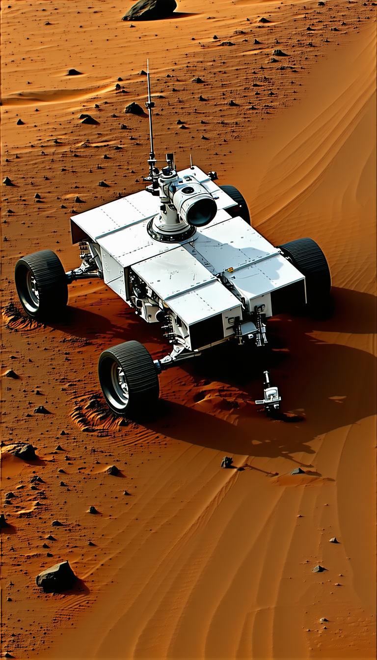 A White Vehicle With A Large Antenna On Top, Driving On A Dirt Road
