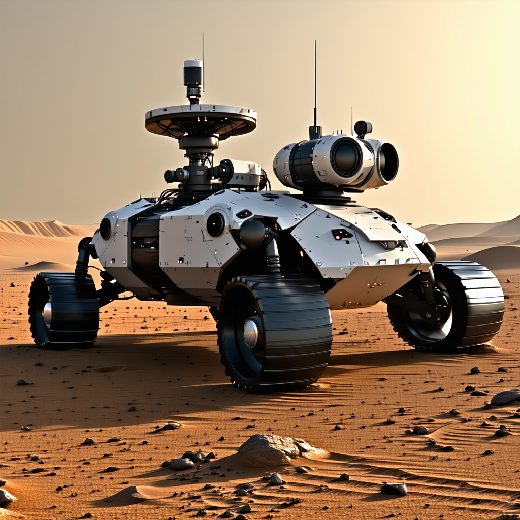A White Robotic Vehicle Is Parked On A Dirt Surface