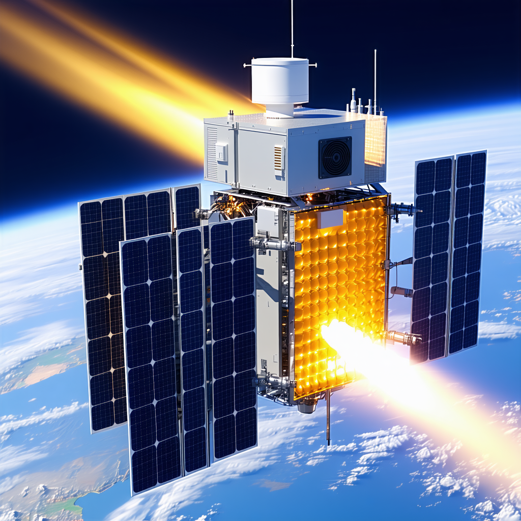 A Spacecraft Is Flying Through The Sky, With A Bright Light Coming From The Bottom Of The Spacecraft
