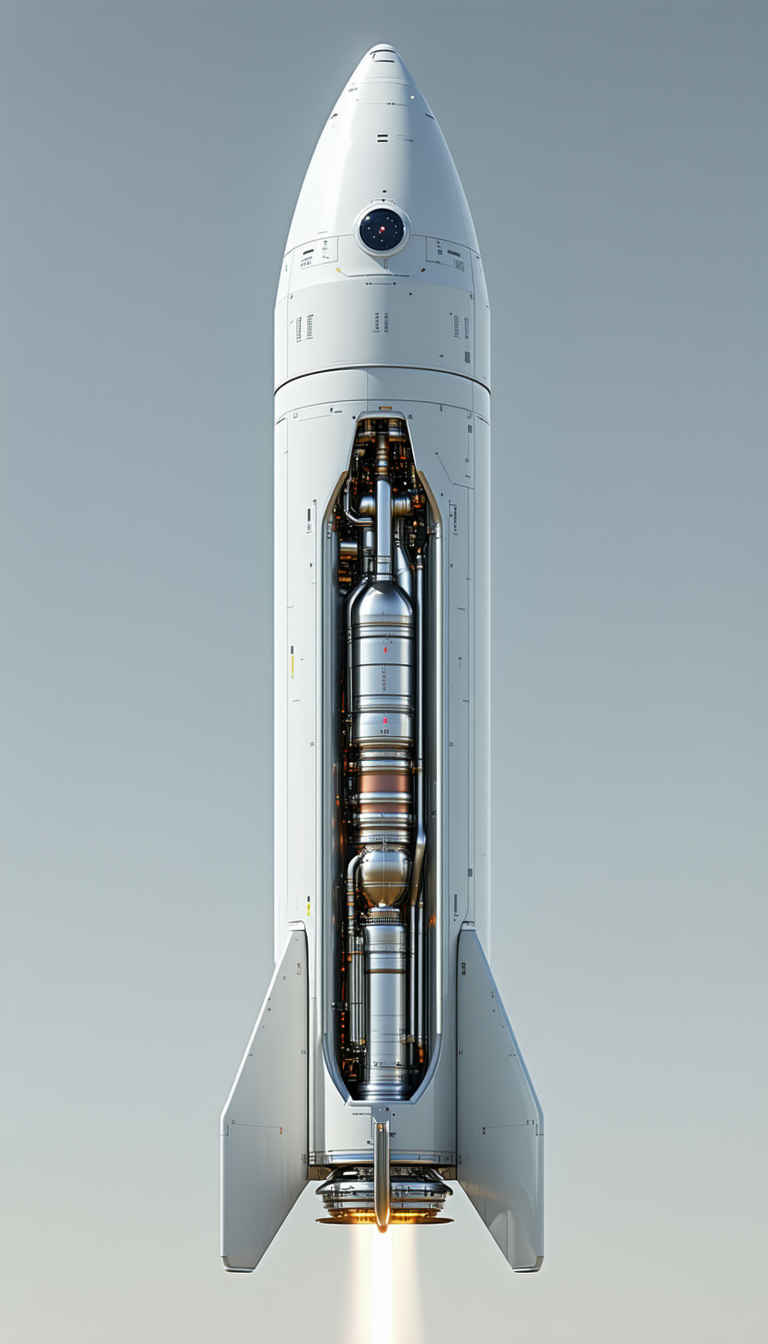 A White Rocket Is Shown In A 3d Model, With Its Engine And Fuel Tanks Visible