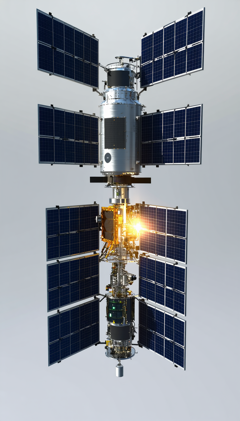 A Spacecraft Is Shown In A Close-up View, With Its Solar Panels And Other Components Clearly Visible