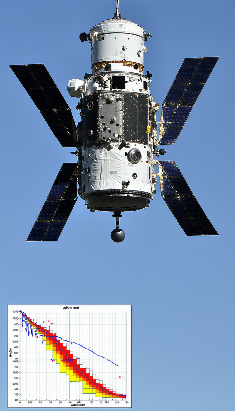 A Space Shuttle Is Flying Through The Sky, With A Large Satellite Dish Attached To The Bottom Of It