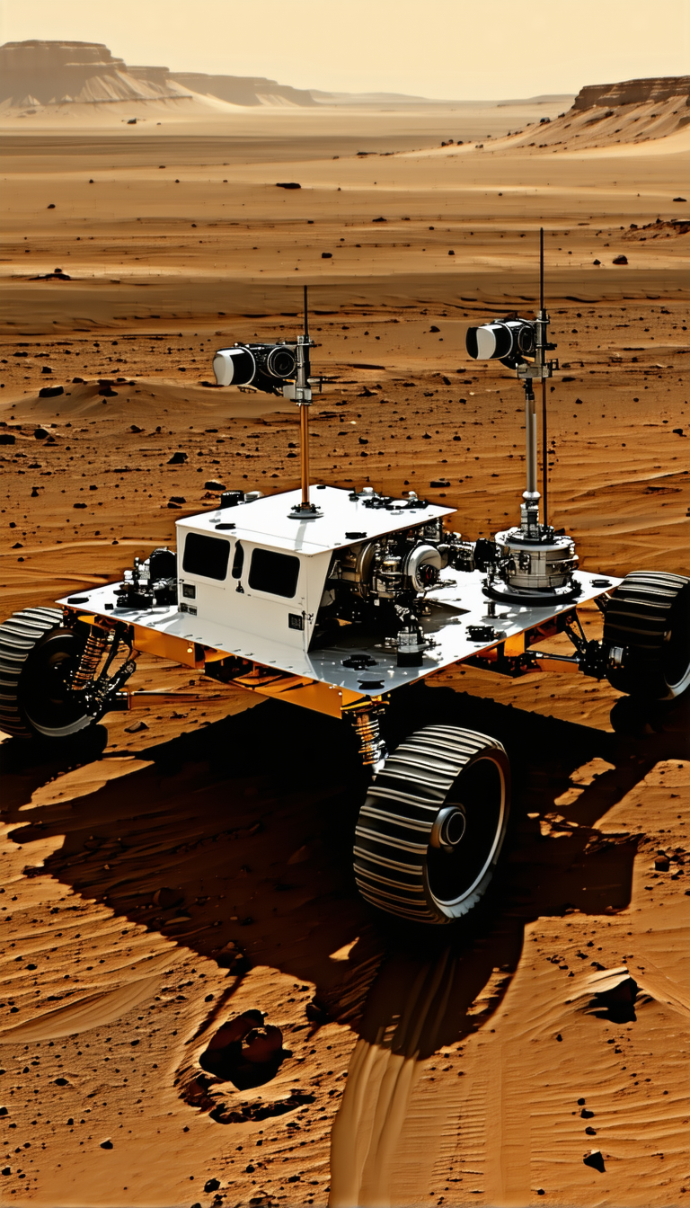 A Large, White, And Silver Robotic Vehicle With Four Wheels, Driving On A Dirt Surface